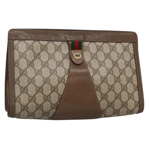 GUCCI GG Supreme Web Sherry Line Clutch Bag PVC Beige Gold 89 01 033 Auth BA4626 - Picture 1 of 16